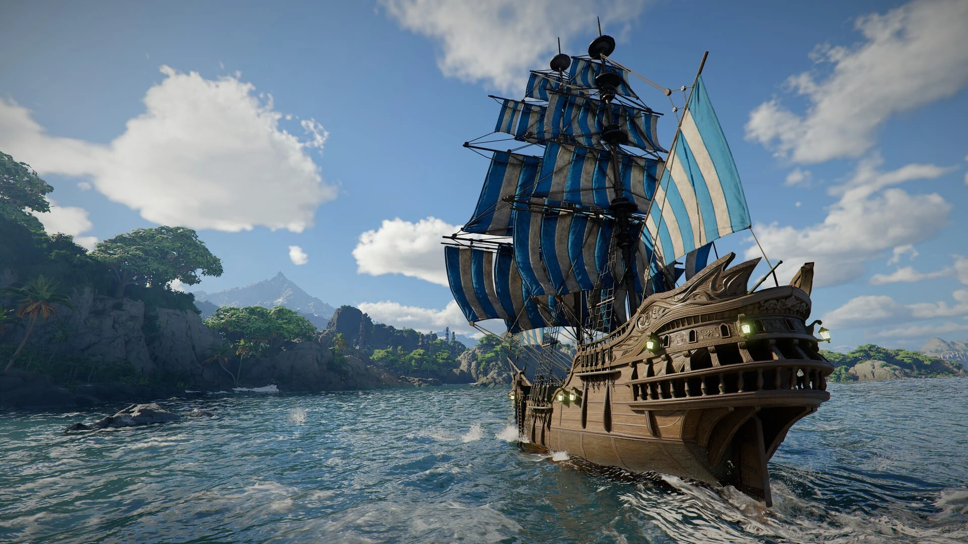 Un galeón con velas de rayas azules y blancas navega junto a una costa verde con montañas al fondo