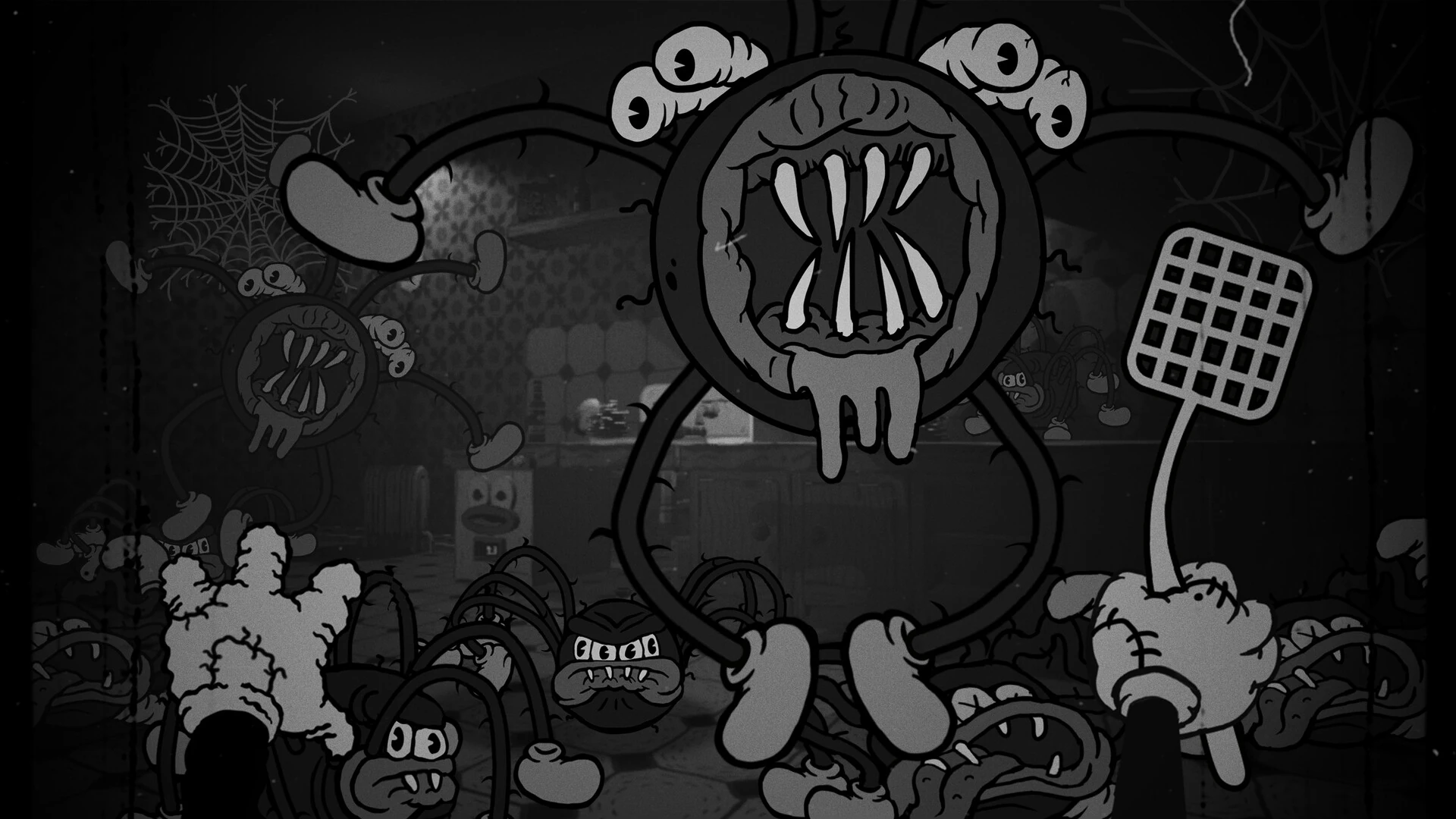 Un monstruo redondo de dibujo antiguo, con la boca llena de dientes y ojos saltones, agita un matamoscas ante las manos enguantadas de un ratón