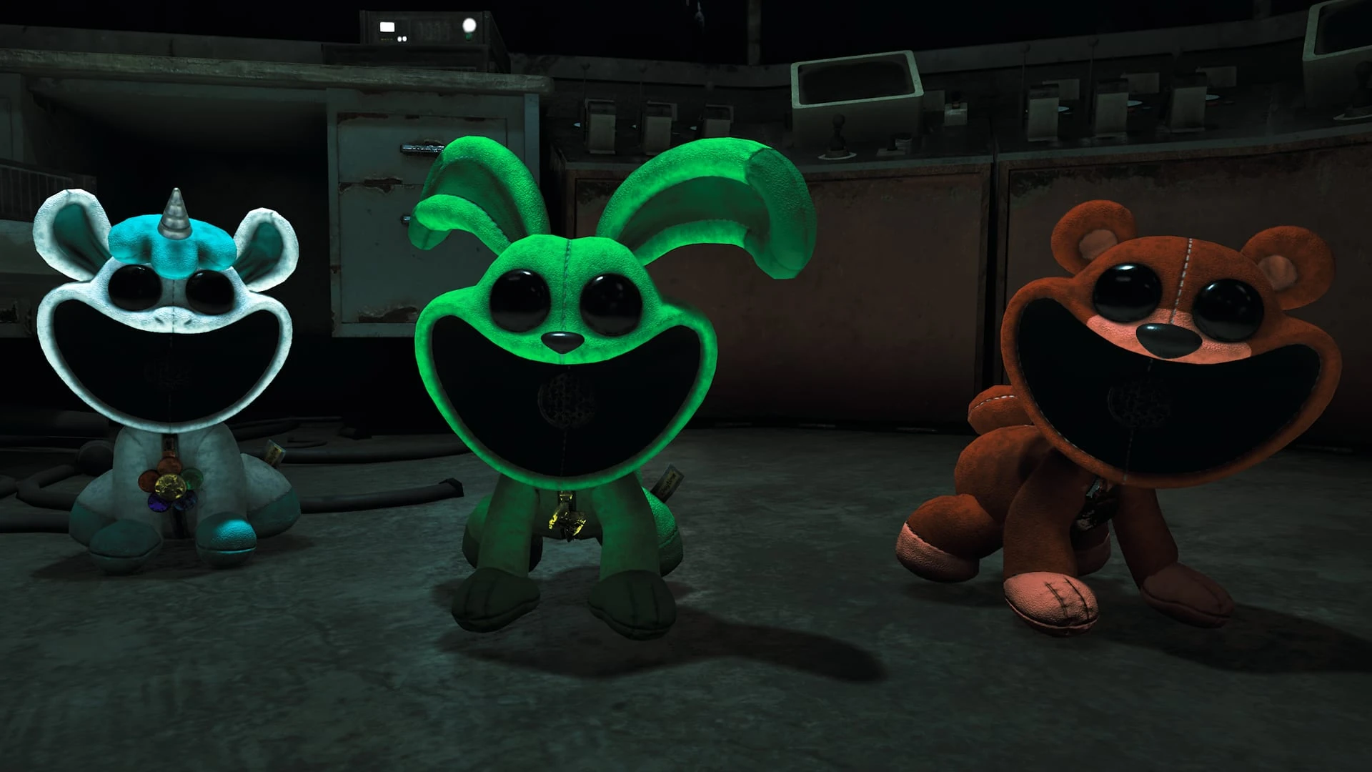 Tres Smiling Critters, un unicornio azul, un conejo verde y un oso marrón, juntos en una sala de máquinas