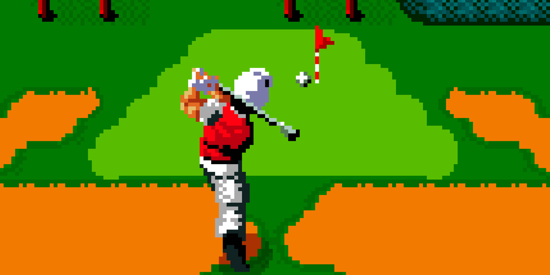 Un golfista de píxeles gordos, con gorra blanca y polo rojo, termina el golpe frente a un green con la bandera, entre búnkeres naranjas