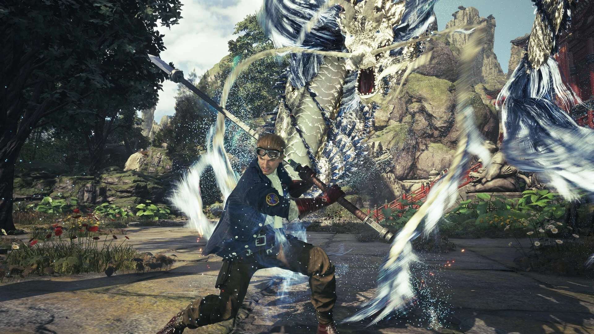 Cid, con gafas de aviador y chaqueta azul, gira su lanza envuelto en un remolino de agua frente a un dragón plateado en un patio con templetes rojos