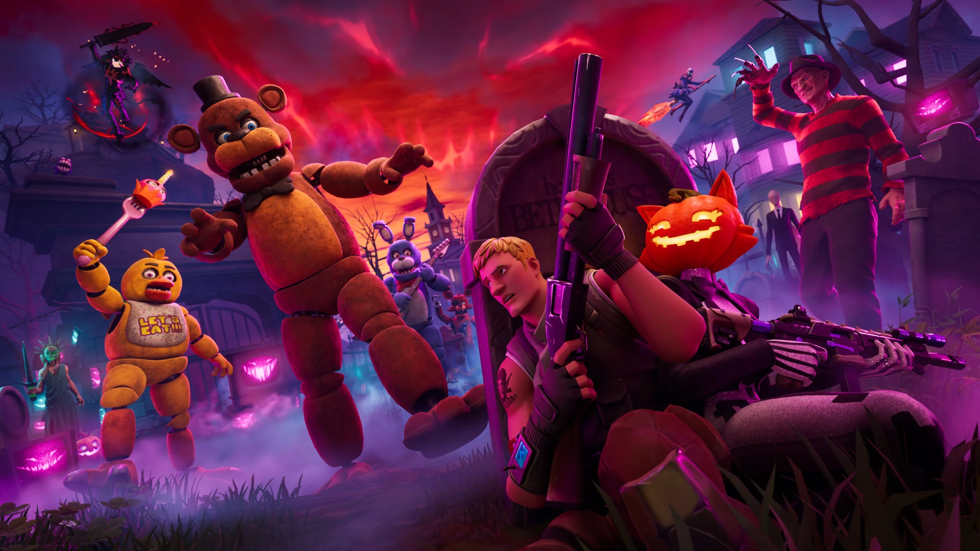 Freddy, Chica y Bonnie acechan a Jonesy en un cementerio de Fortnite bajo un cielo rojo, con Freddy Krueger al fondo