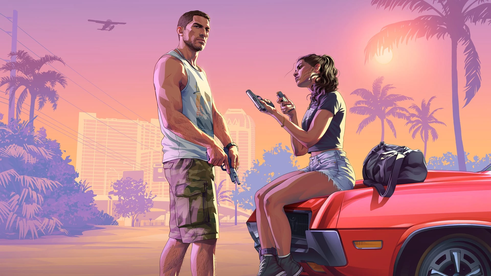 Ilustración de Jason, pistola en mano, junto a Lucia, que carga un arma sentada en el capó de un coche rojo, con Vice City al atardecer