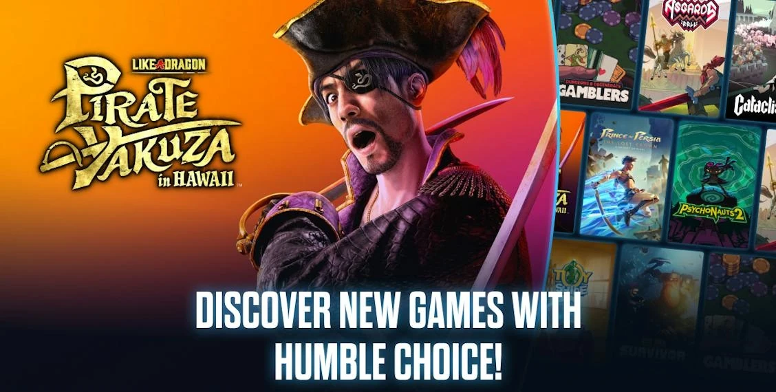 Goro Majima vestido de pirata y el rótulo de Pirate Yakuza in Hawaii, junto a las carátulas de Psychonauts 2, Prince of Persia y otros juegos del mes