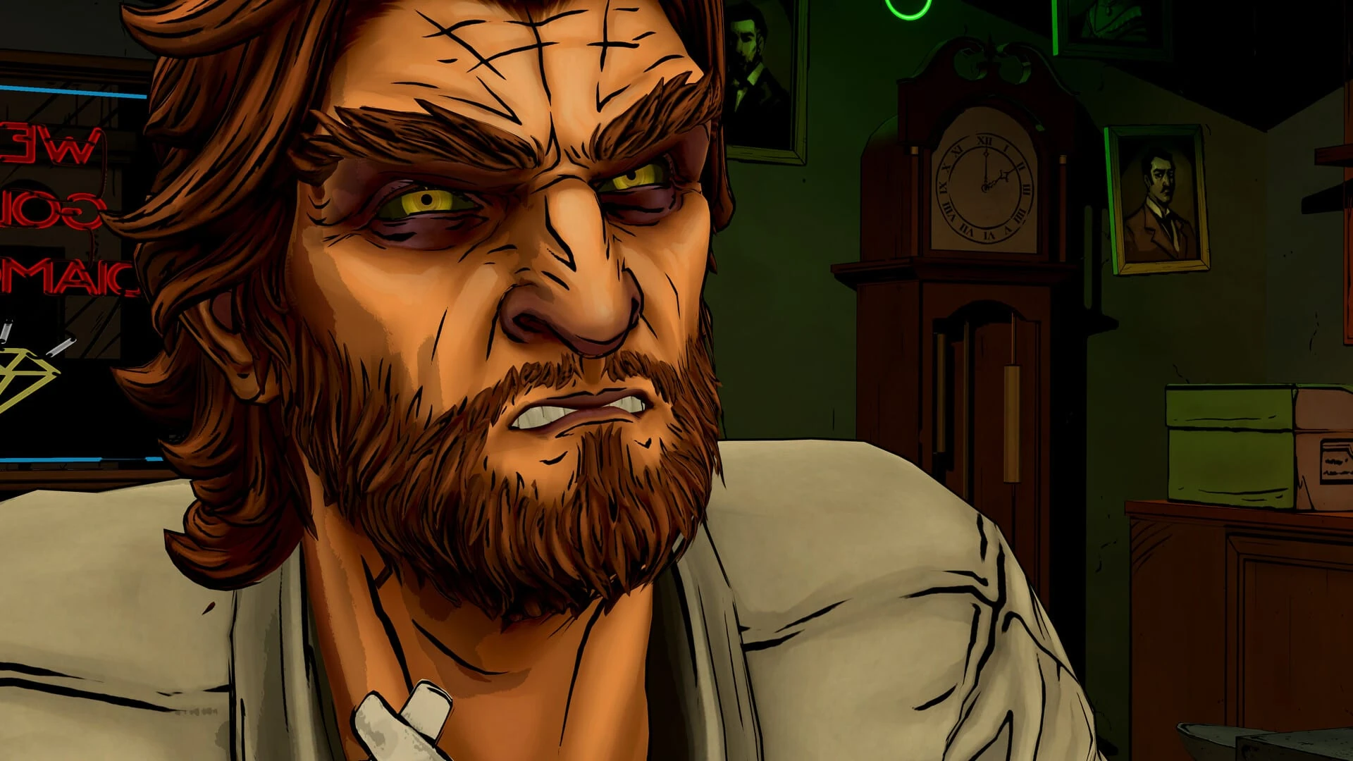 Primer plano de Bigby Wolf, con barba y ojos amarillos, frunciendo el ceño en una oficina con un reloj de pie al fondo