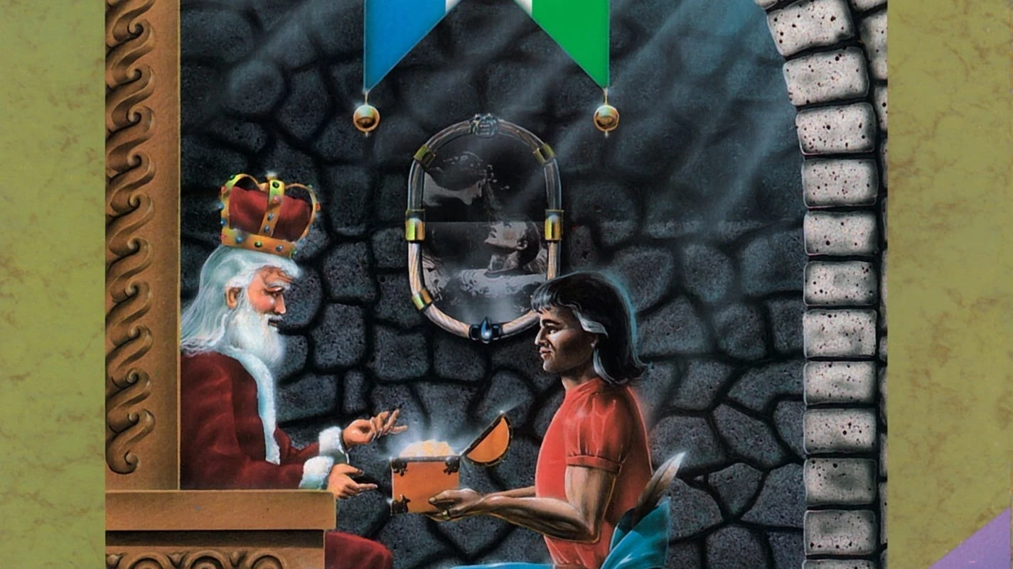 Arte de la caja de King's Quest: Graham, arrodillado, ofrece un cofre abierto a un rey anciano de barba blanca sentado en su trono