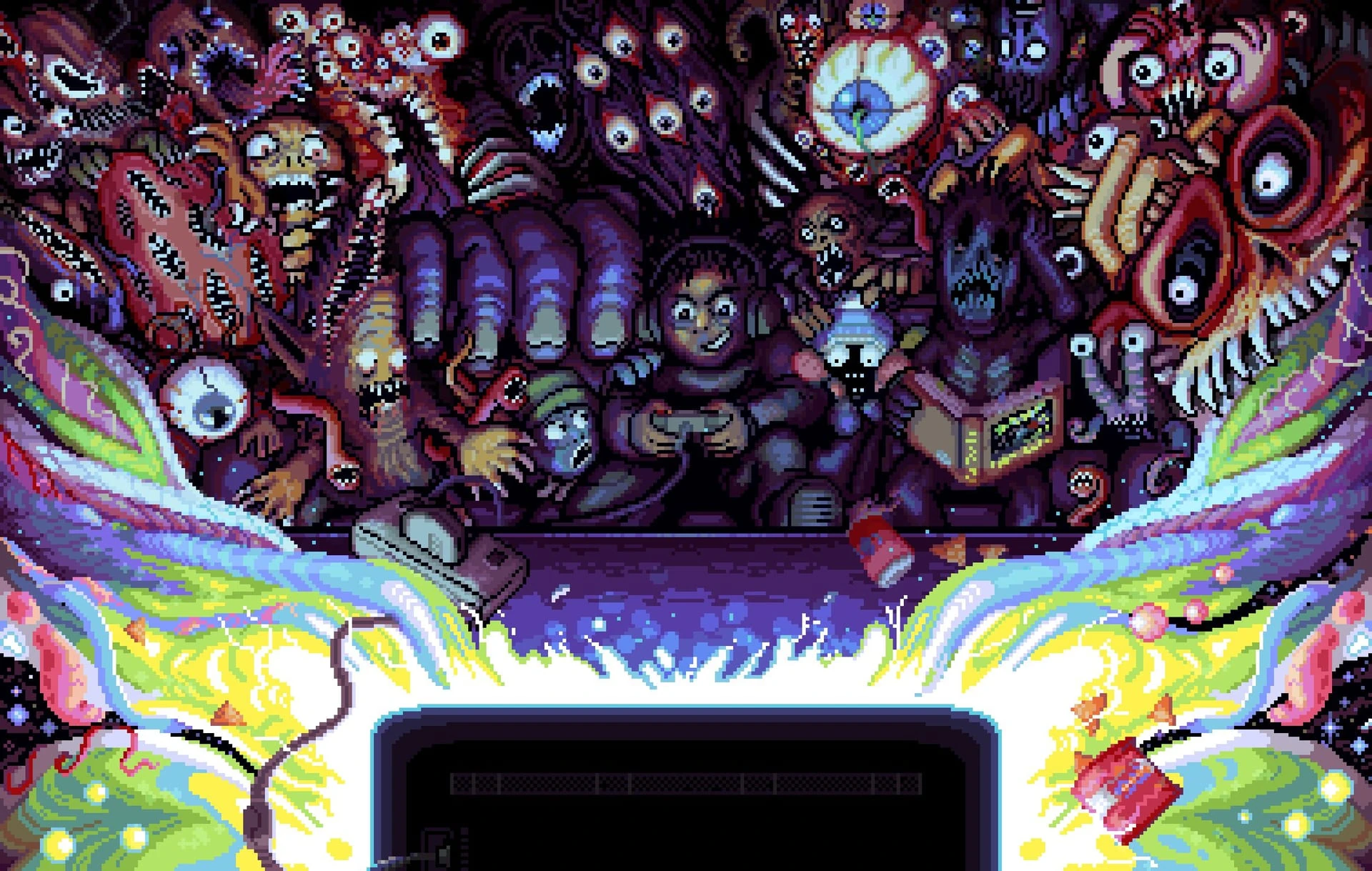 Pixel art: un chico con auriculares juega con un mando delante de un televisor, rodeado de monstruos con ojos, dientes y tentáculos que lo miran por encima del hombro