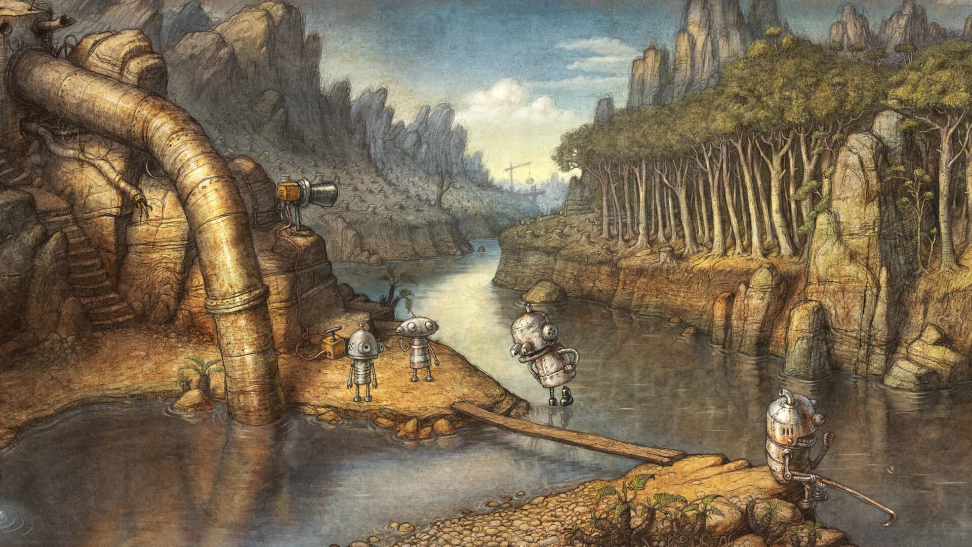 Un río entre peñascos y un bosque de troncos finos; Josef y Berta, en una orilla junto a una tubería gigante, y otros robots en el agua