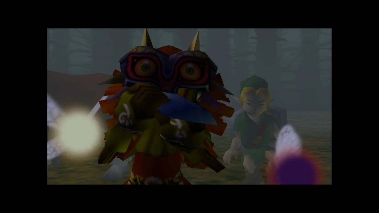Skull Kid, con la máscara de Majora, en primer plano en un bosque con niebla, y Link detrás entre dos hadas