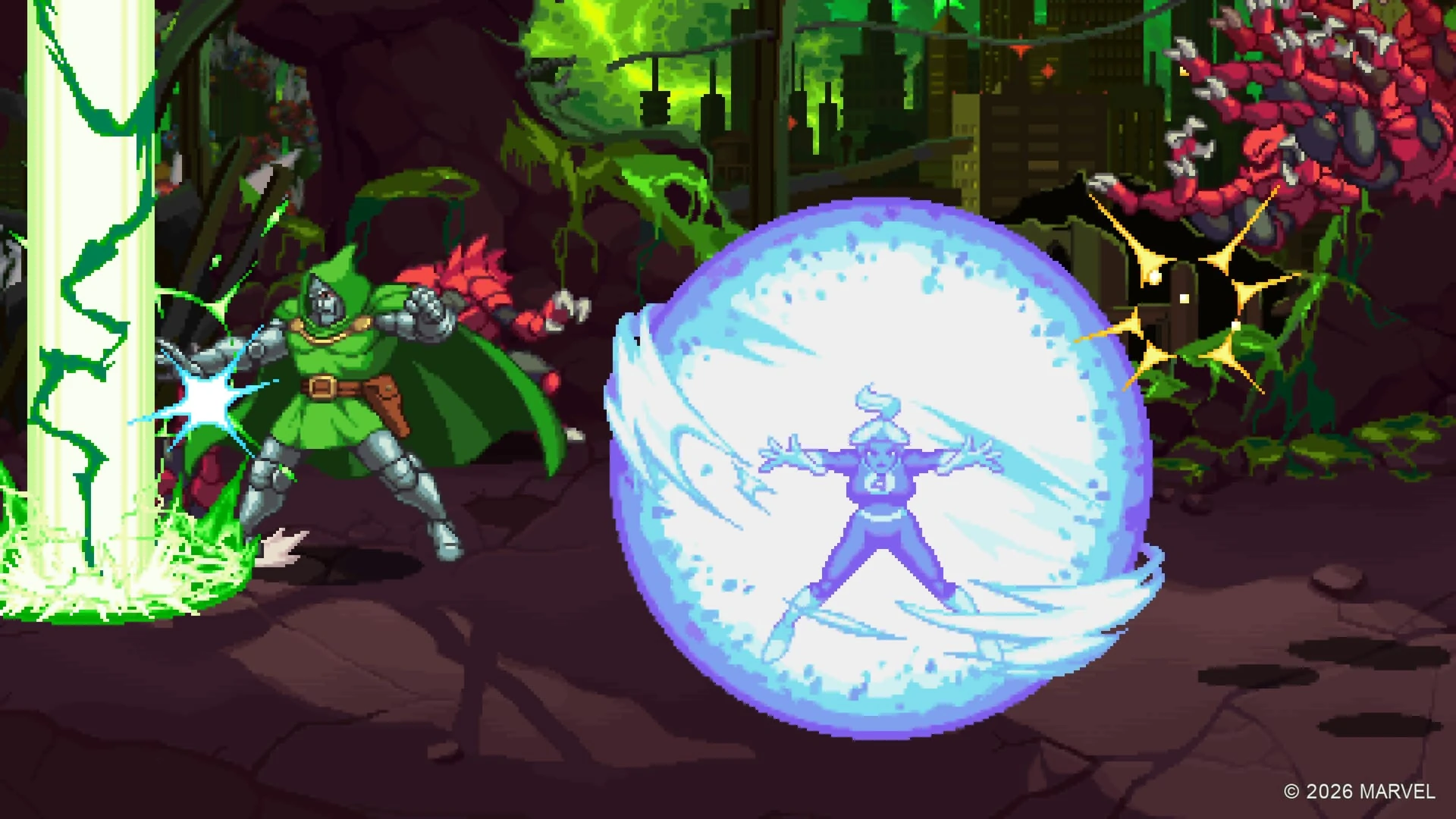 El Doctor Doom, con armadura y capa verdes, y la Mujer Invisible encerrada en una esfera de energía azul, en una jungla oscura