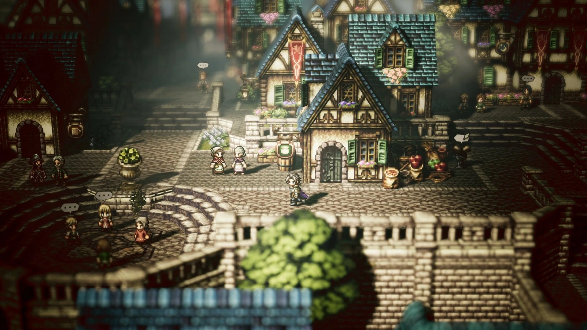 Un viajero en pixel art cruza la plaza empedrada de un pueblo de casas con entramado de madera, entre vecinos y puestos de fruta