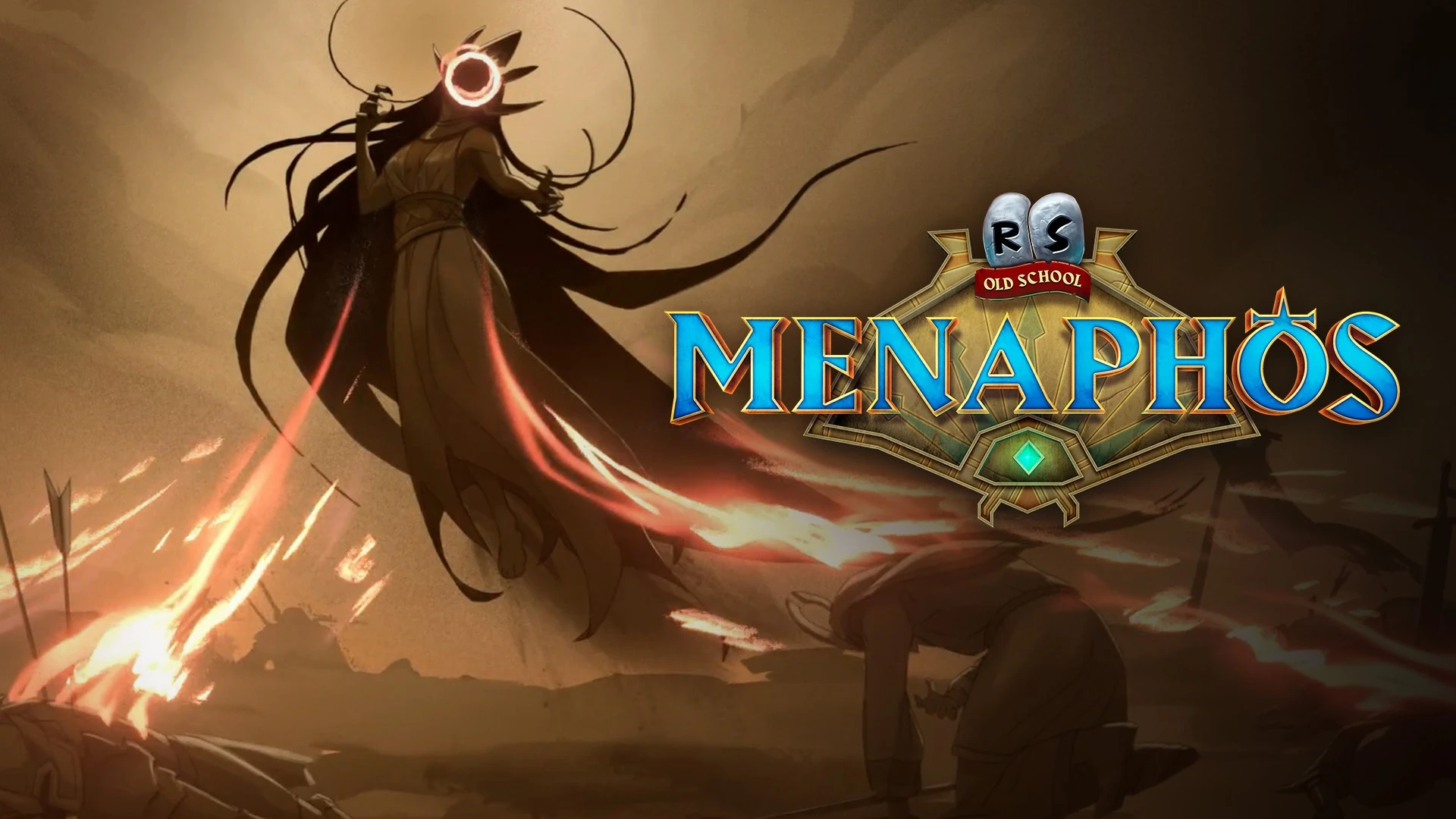 Una figura encapuchada envuelta en llamas y humo flota sobre el desierto, junto al logotipo de Menaphos de Old School RuneScape