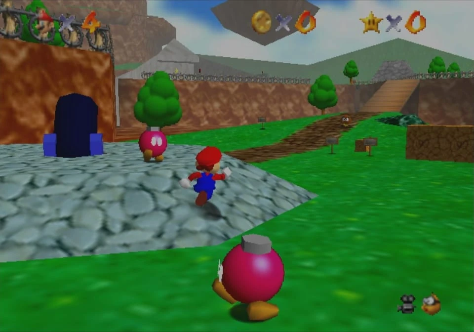 Mario corre por un camino de piedra en un prado verde junto a una bomba rosa con patas, con colinas y árboles al fondo