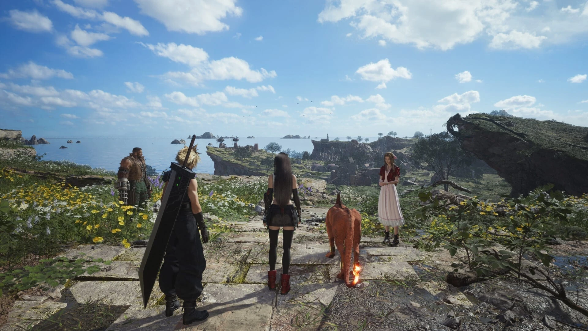 Barret, Cloud, Tifa, Red XIII y Aerith, de espaldas sobre un camino de piedra entre flores, miran una costa con un pueblo junto al mar