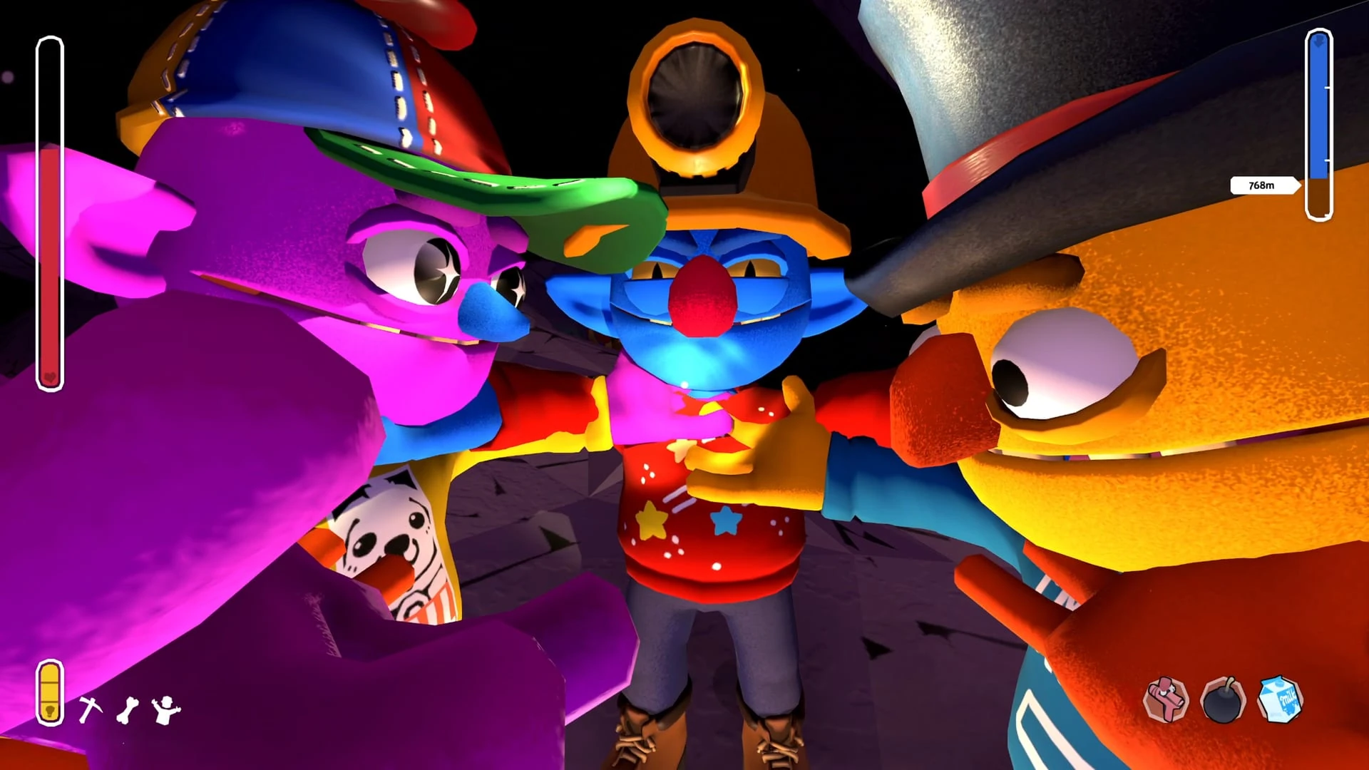 Primer plano de cuatro personajes de colores apretujados, con gorra, casco de minero y chistera, mirando a cámara