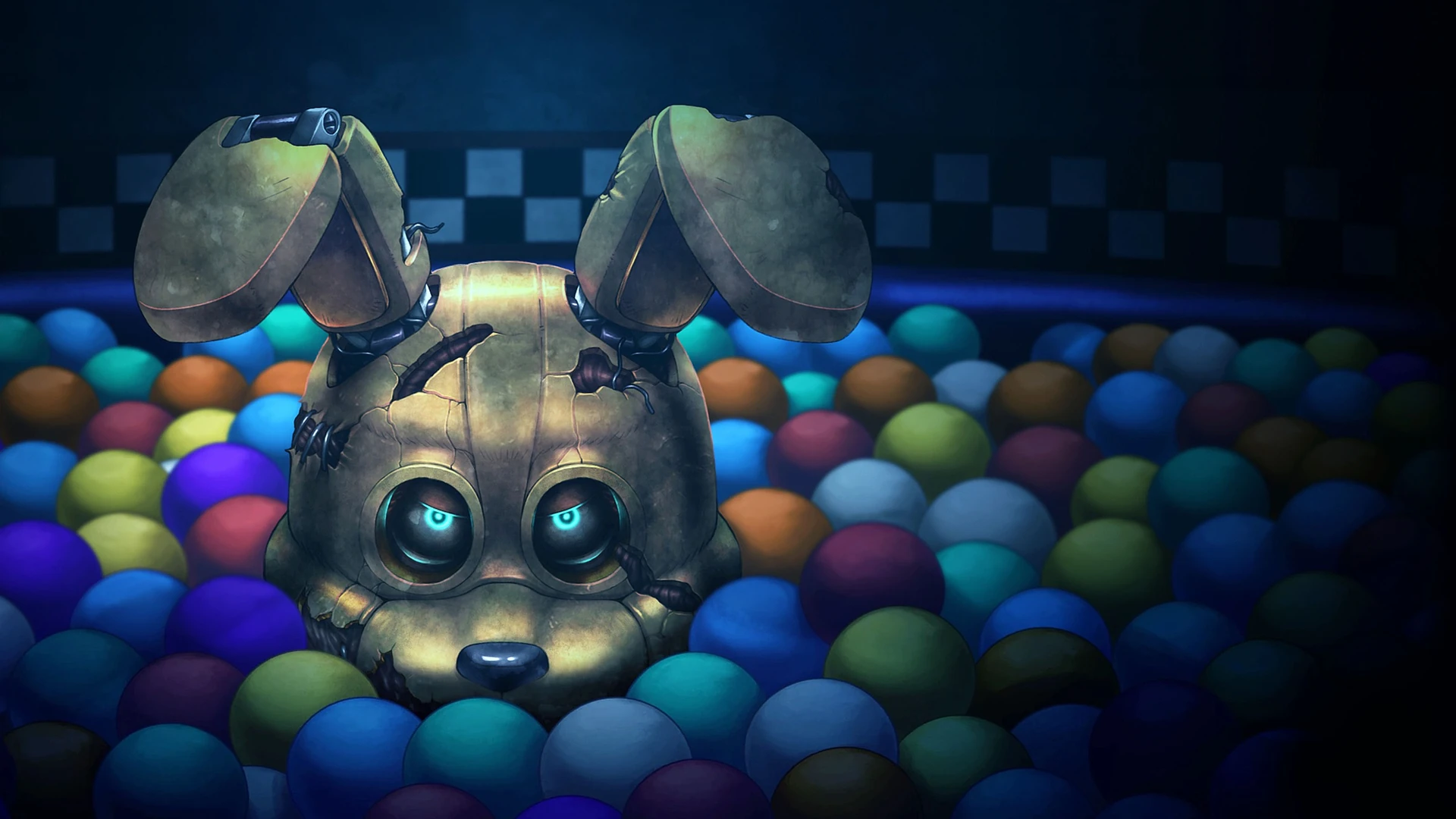 Ilustración de Five Nights at Freddy's: Into the Pit: la cabeza rota de un conejo animatrónico dorado asoma entre las bolas de una piscina