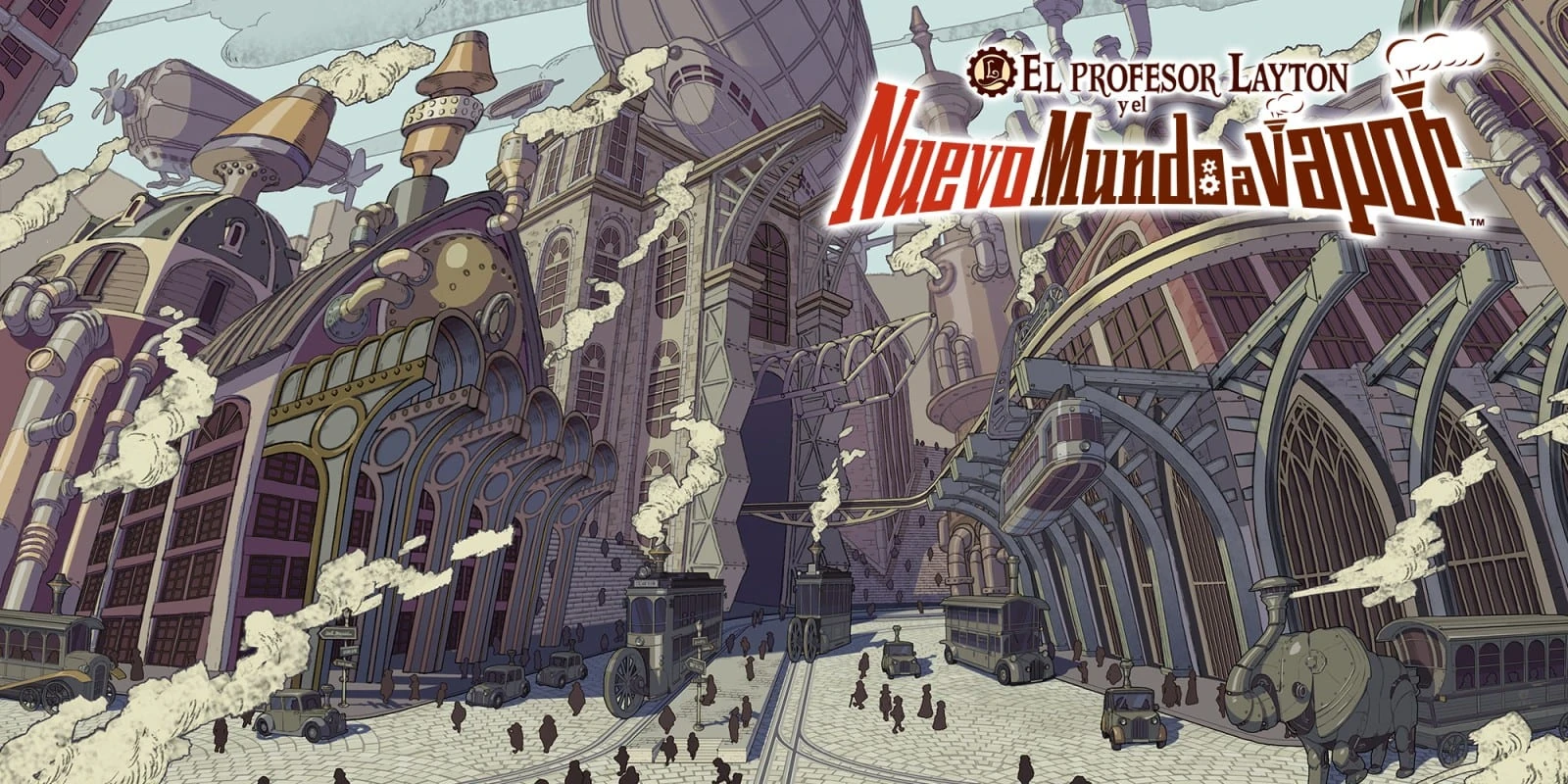 Arte principal de El profesor Layton y el Nuevo Mundo a vapor: Layton con chistera y Luke con gorra, ante una ciudad de máquinas de vapor