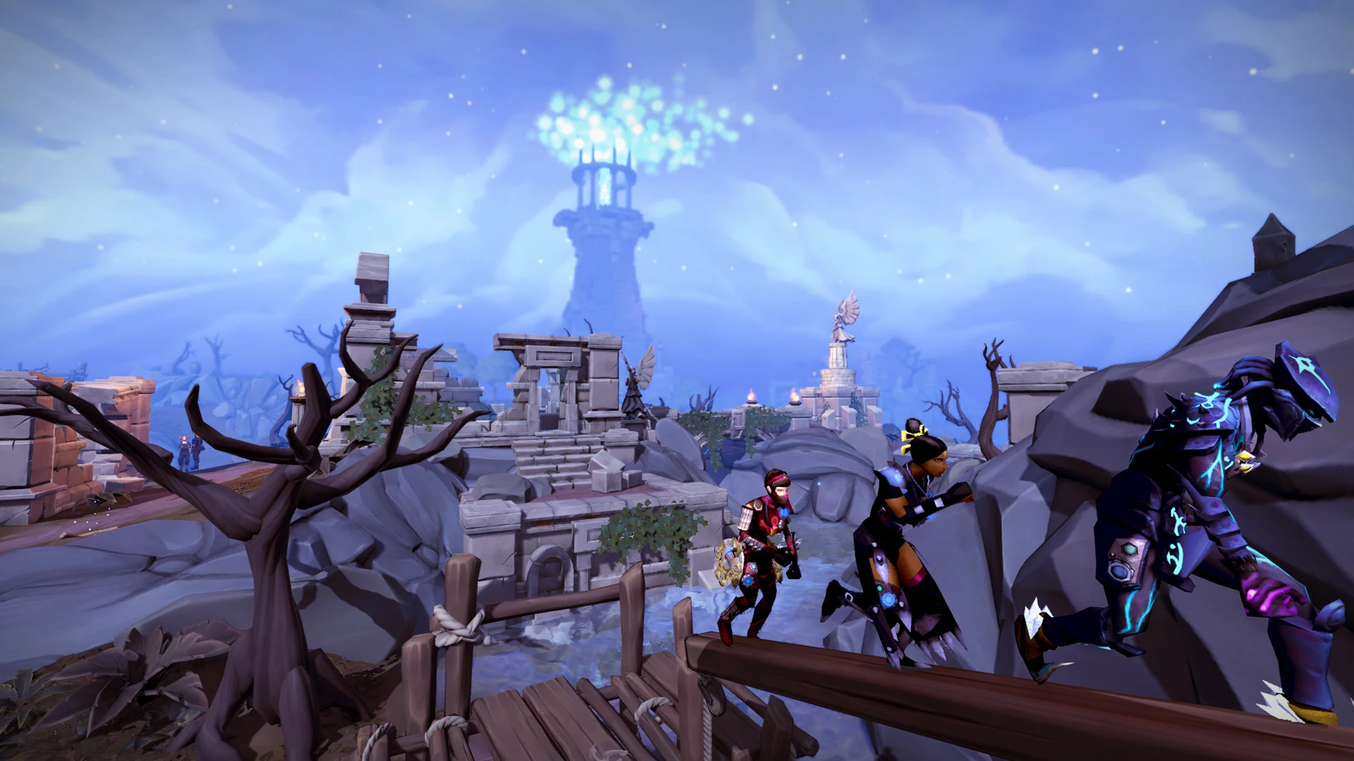 Tres aventureros de RuneScape saltan una valla de madera junto a unas ruinas, con una torre iluminada bajo un cielo nocturno al fondo