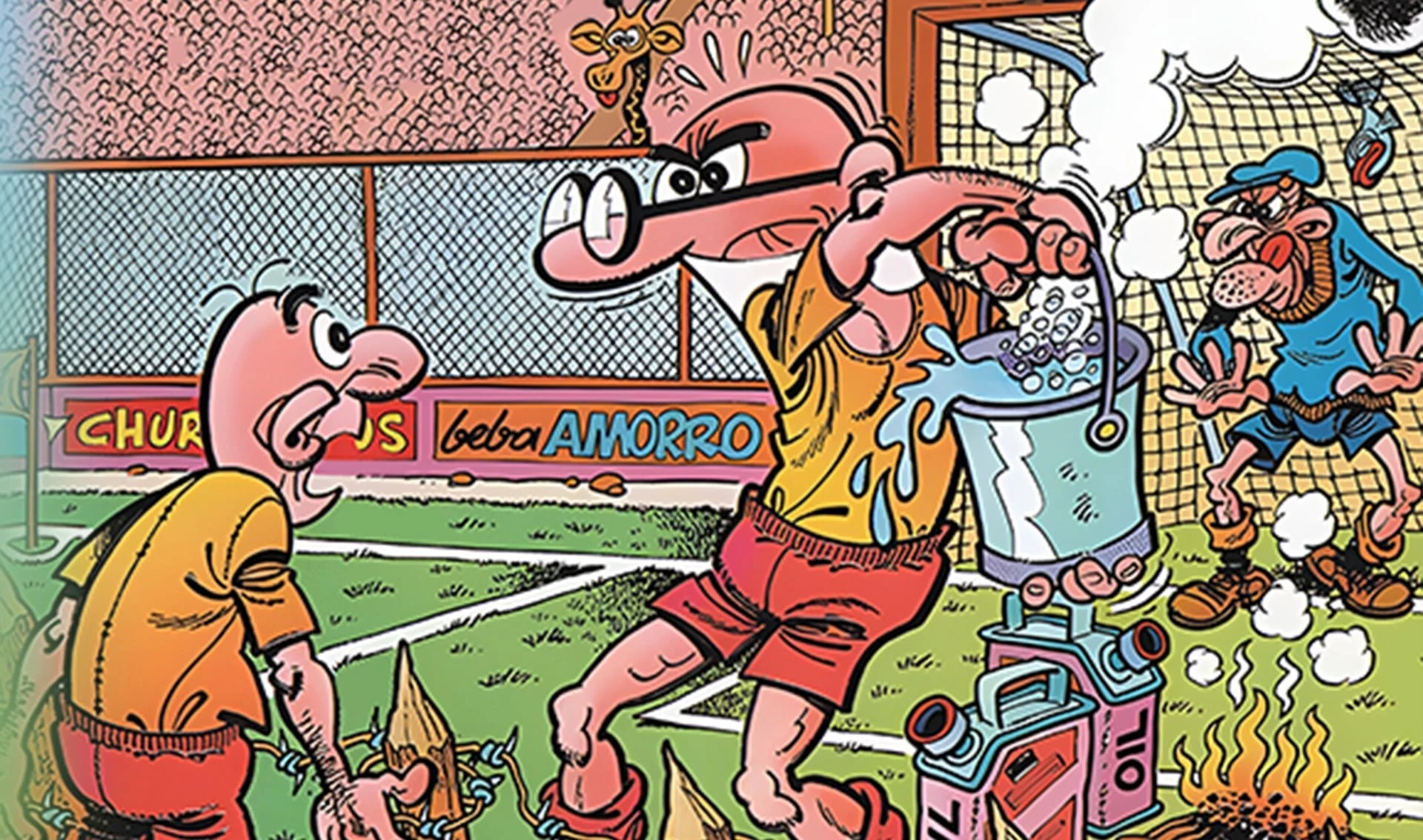 Mortadelo, vestido de futbolista, sujeta un cubo de agua humeante junto a una portería; Filemón lo mira desde la izquierda