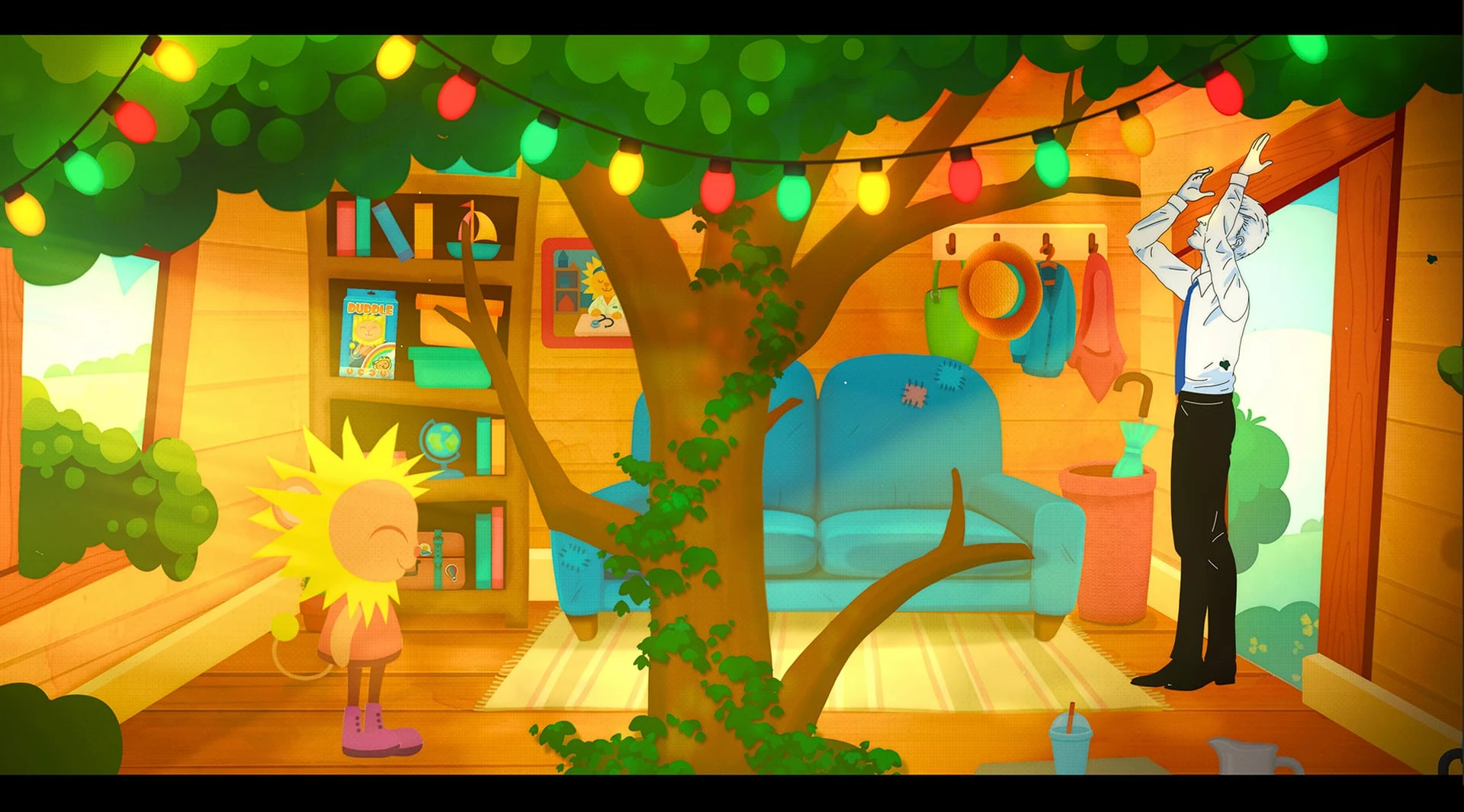 Una casa en un árbol con guirnaldas de luces, un sofá azul y estanterías; un personaje con melena de sol mira a Rufus, que estira los brazos hacia el techo