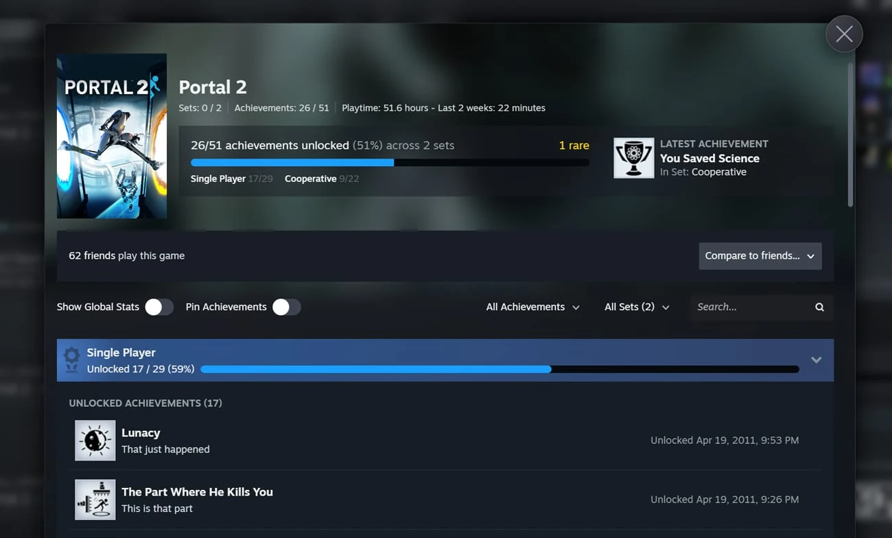 La página de logros nueva de Steam con Portal 2: 26 de 51 logros en dos conjuntos, Single Player y Cooperative, cada uno con su barra
