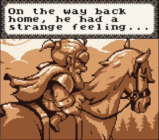Escena en tonos sepia del rey a caballo, con el texto «On the way back home, he had a strange feeling...»