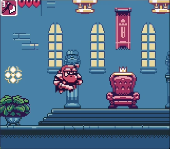 Pixel art de Game Boy Color: el rey, barbudo y con corona, junto a un trono rojo en un salón azul con ventanales y estandartes