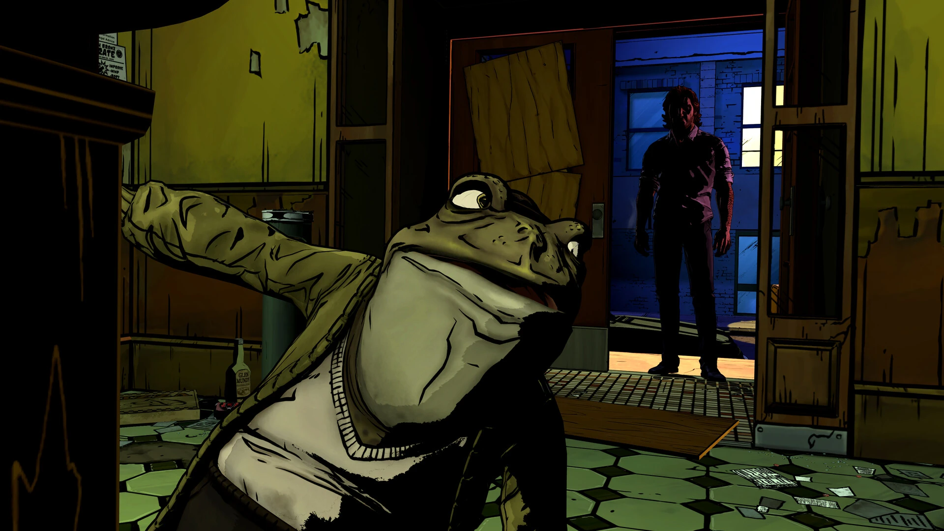 Toad, el sapo con chaqueta, se aparta asustado en primer plano mientras Bigby Wolf espera a contraluz en la puerta de un vestíbulo destartalado