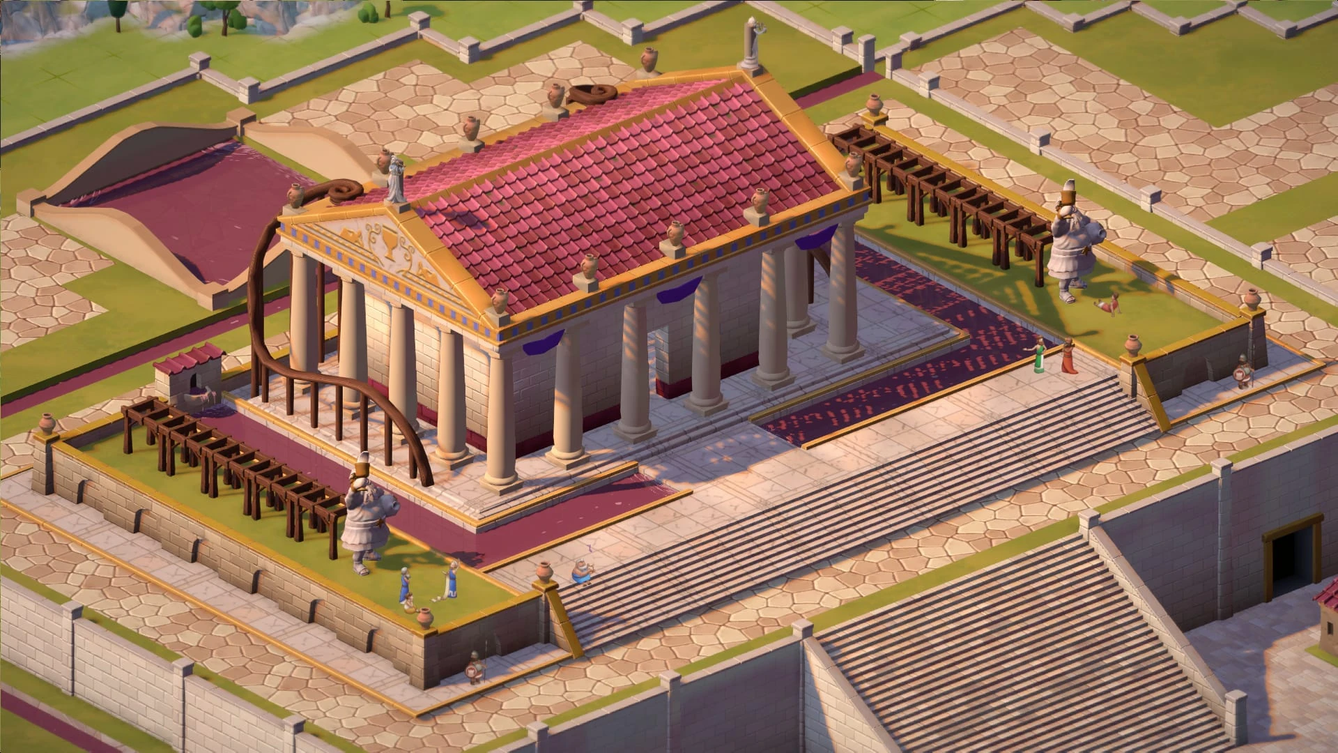 Un templo de tejado granate sobre una plataforma escalonada, con pérgolas, una parra retorcida y dos estatuas de sátiros