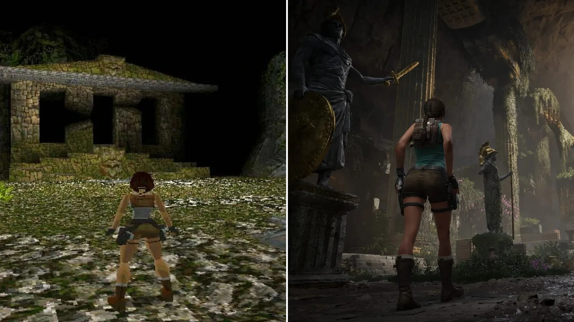 Montaje: a la izquierda, Lara Croft de 1996, poligonal y sin trenza, ante un templo; a la derecha, la de Legacy of Atlantis, de espaldas entre estatuas griegas