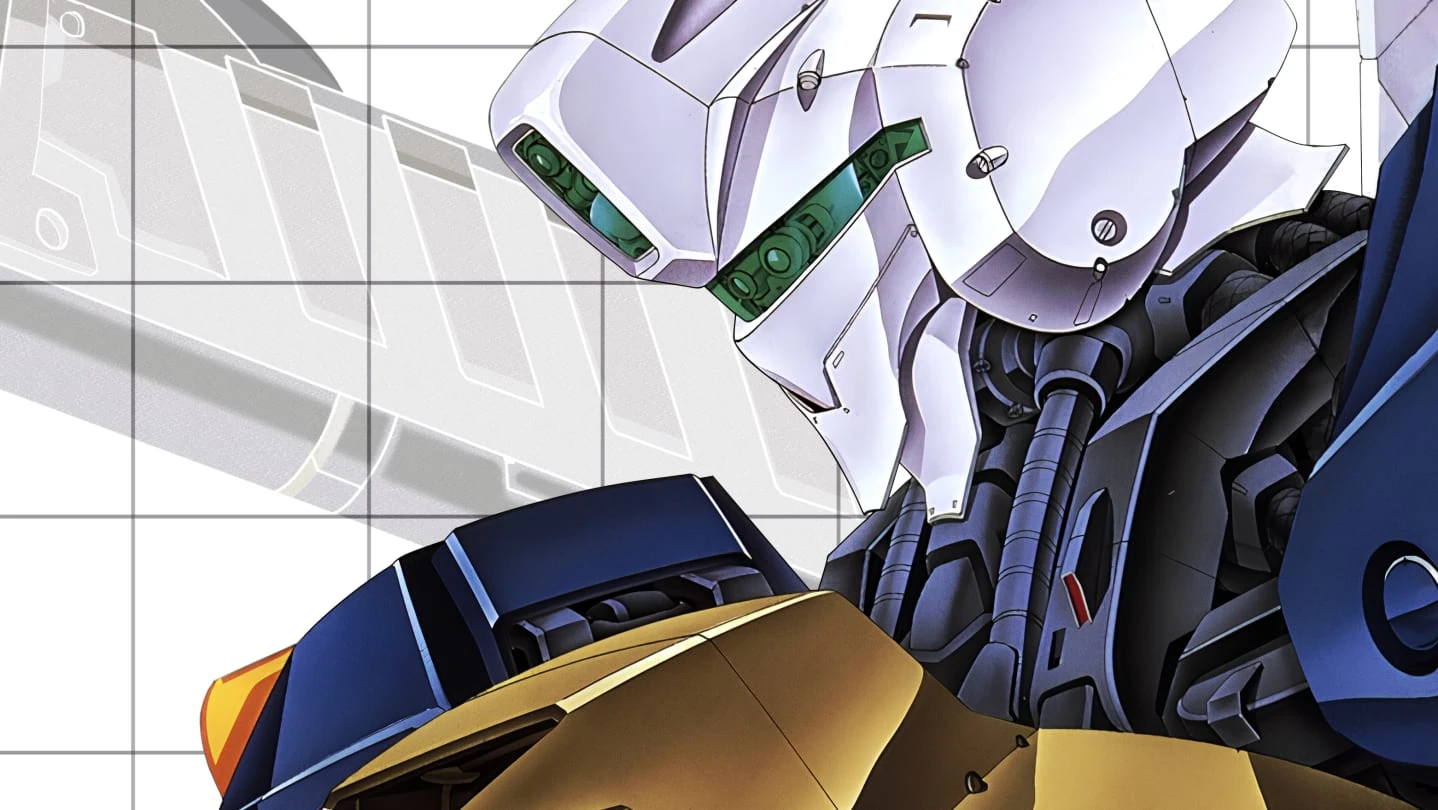 Ilustración de un robot Vector blanco con visor verde y hombreras azul marino y doradas, de tres cuartos, sobre un fondo blanco cuadriculado