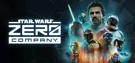 Cartel de Star Wars Zero Company: el rótulo ZERO COMPANY sobre un collage del escuadrón, con un droide astromecánico abajo a la izquierda y un fondo de interfaz táctica azul