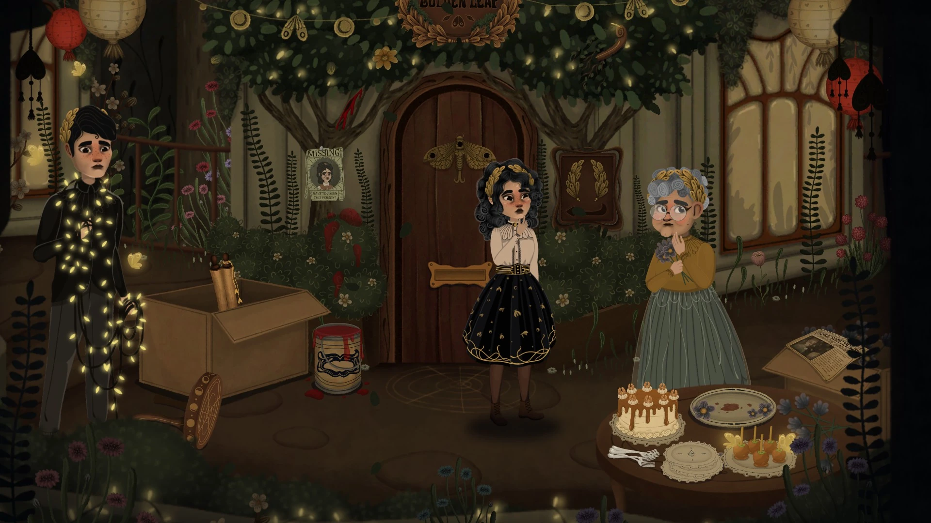 Nora, con corona de laurel, entre la abuela y un chico enredado en luces, ante una puerta con una polilla tallada y una mesa con tartas